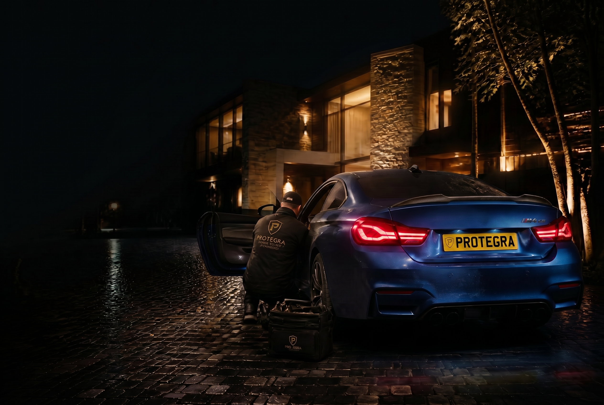 Protegra mobile installation unit with a prestige vehicle at night