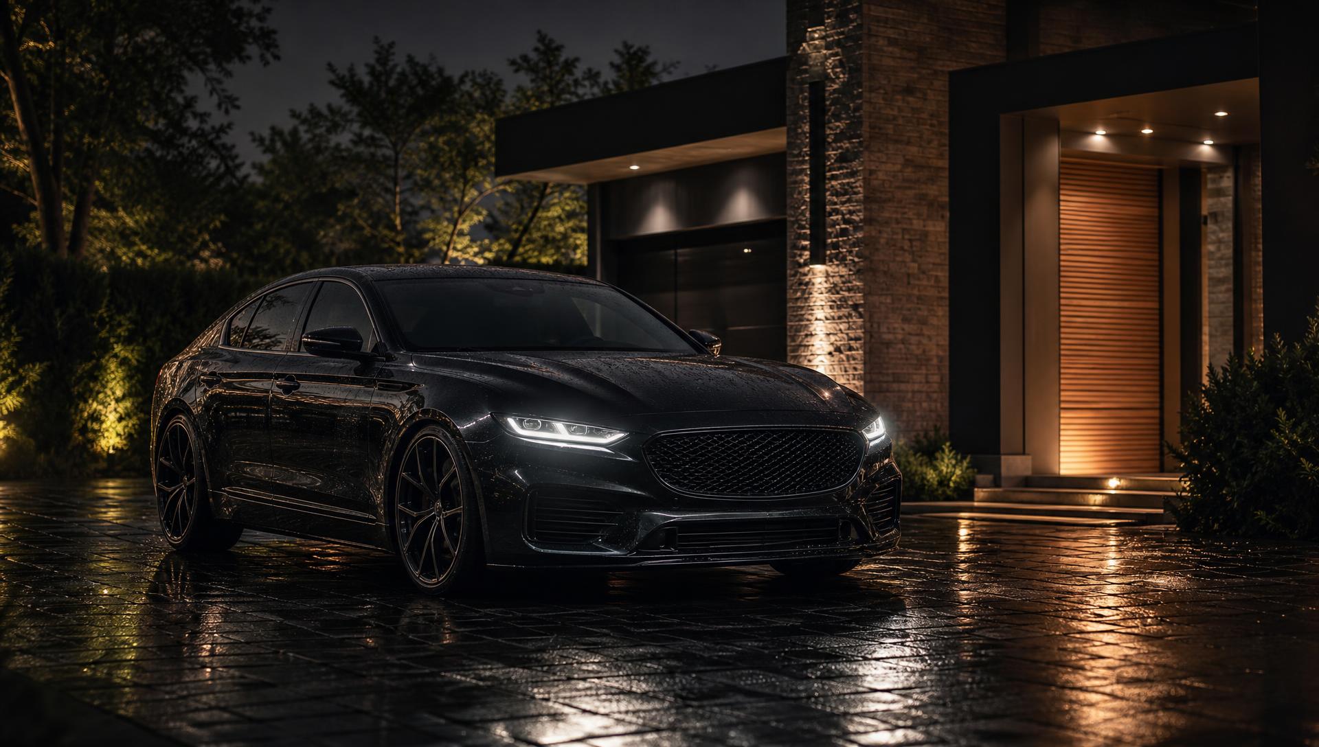 A performance car on a private driveway at night, protected by Protegra vehicle security